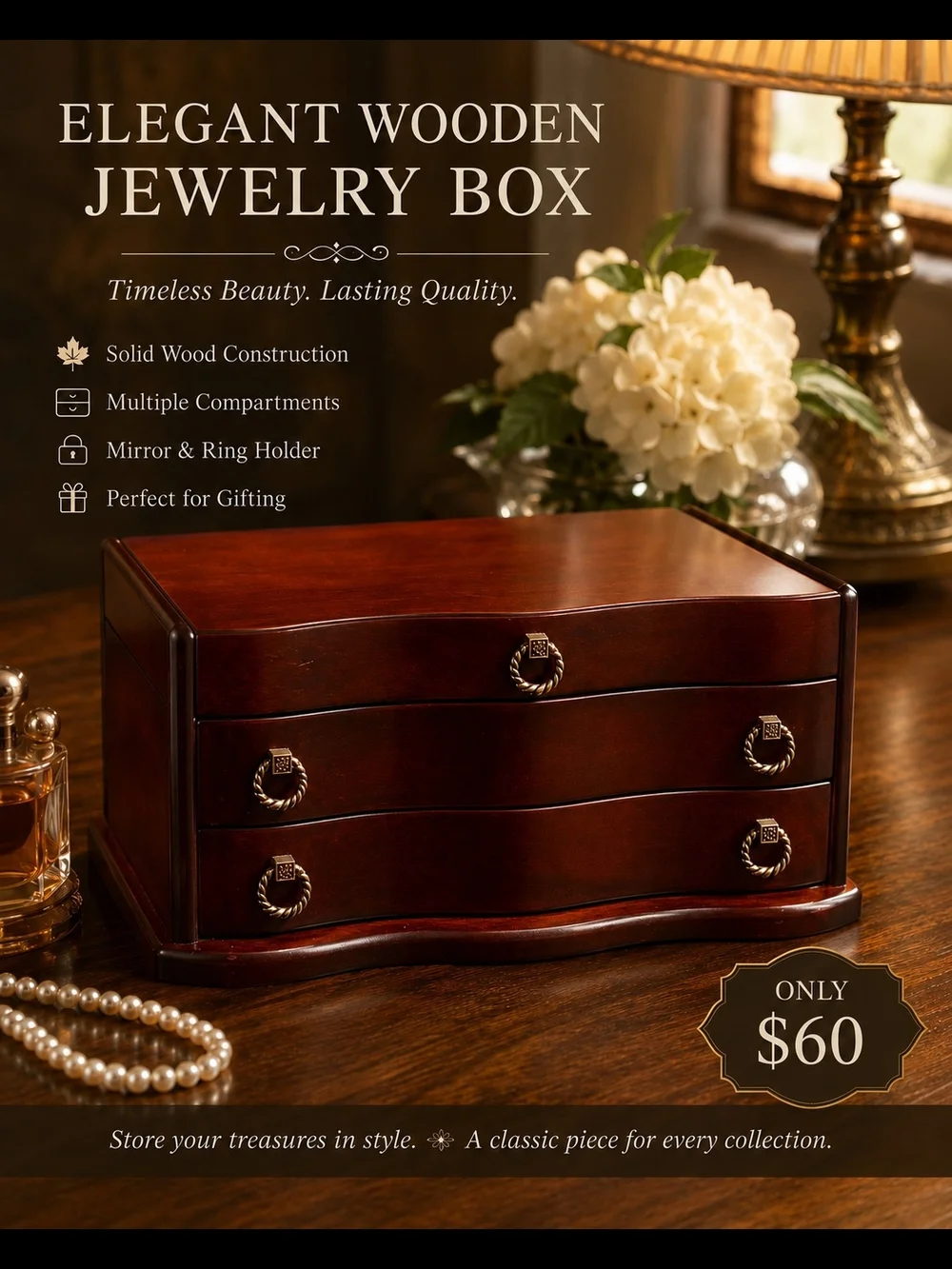 Elegant Wooden Jewelry Box - Dark Brown